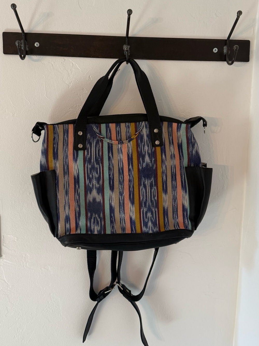 Nena and Co Woven Multicolor Stripe Tote Bag with Black Leather Trim